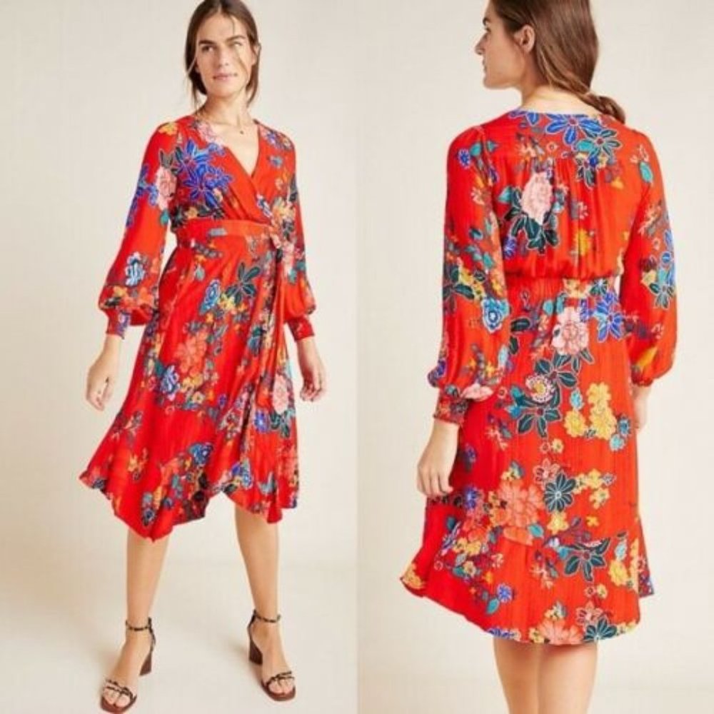 NEW Anthropologie Boswell Textured Wrap Tunic Dress Red Floral 8 Asymmetric